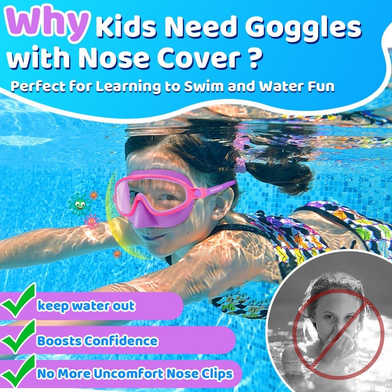 Vvinca Swim Goggles with Nose Cover, 2 Pack Wide View Diving Mask Anti-Fog UV No Leak Toddlers Swimming Goggles for Kids 3-15 - Image 2